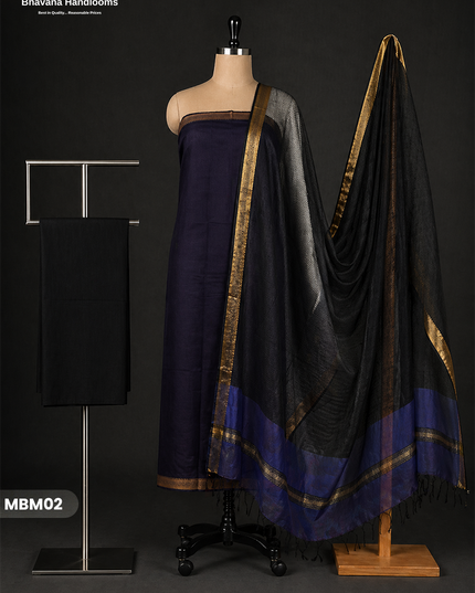 Mangalagiri Cotton Dress Material with Missing Checks Dupatta – Premium Unstitched Suit Set Midnight Blue