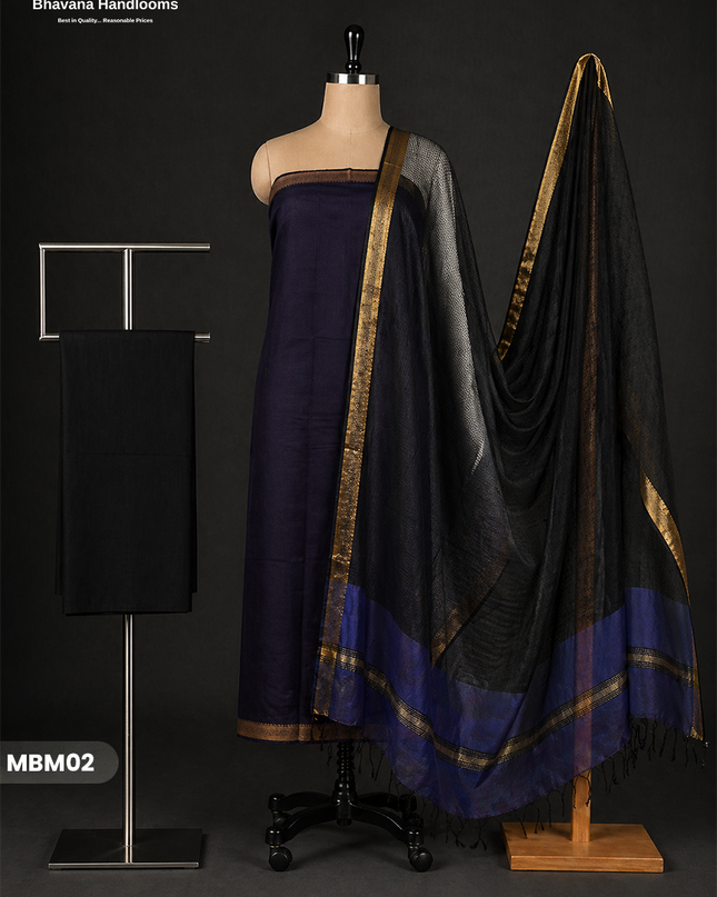 Mangalagiri Cotton Dress Material with Missing Checks Dupatta – Premium Unstitched Suit Set Midnight Blue