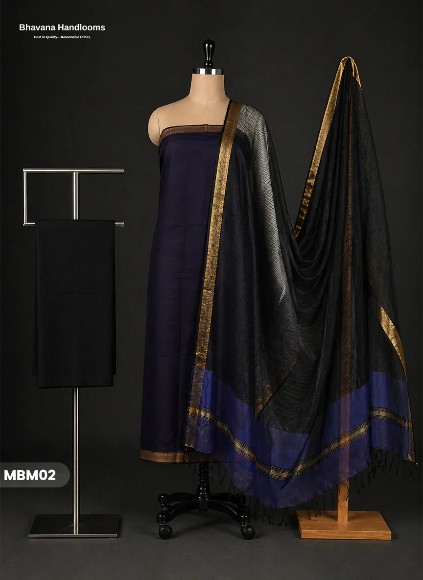 Mangalagiri Cotton Dress Material with Missing Checks Dupatta – Premium Unstitched Suit Set Midnight Blue