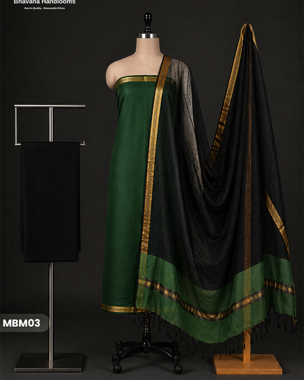 Mangalagiri Cotton Dress Material with Missing Checks Dupatta – Premium Unstitched Suit Set Deep Forest Green