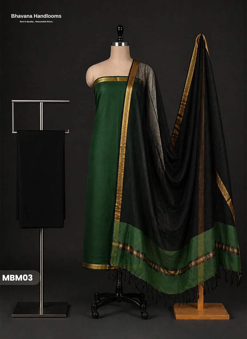 Mangalagiri Cotton Dress Material with Missing Checks Dupatta – Premium Unstitched Suit Set Deep Forest Green