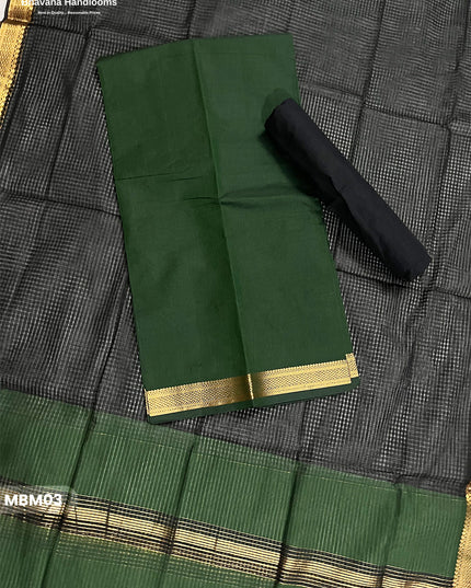 Mangalagiri Cotton Dress Material with Missing Checks Dupatta – Premium Unstitched Suit Set Deep Forest Green