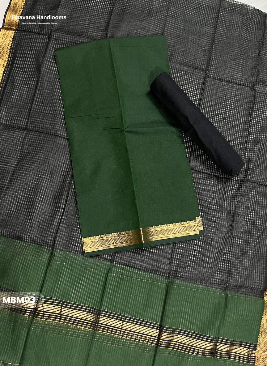 Mangalagiri Cotton Dress Material with Missing Checks Dupatta – Premium Unstitched Suit Set Deep Forest Green