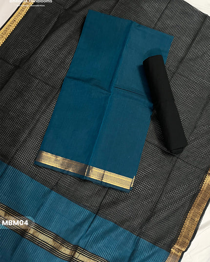 Mangalagiri Cotton Dress Material with Missing Checks Dupatta – Premium Unstitched Suit Set Peacock Blue