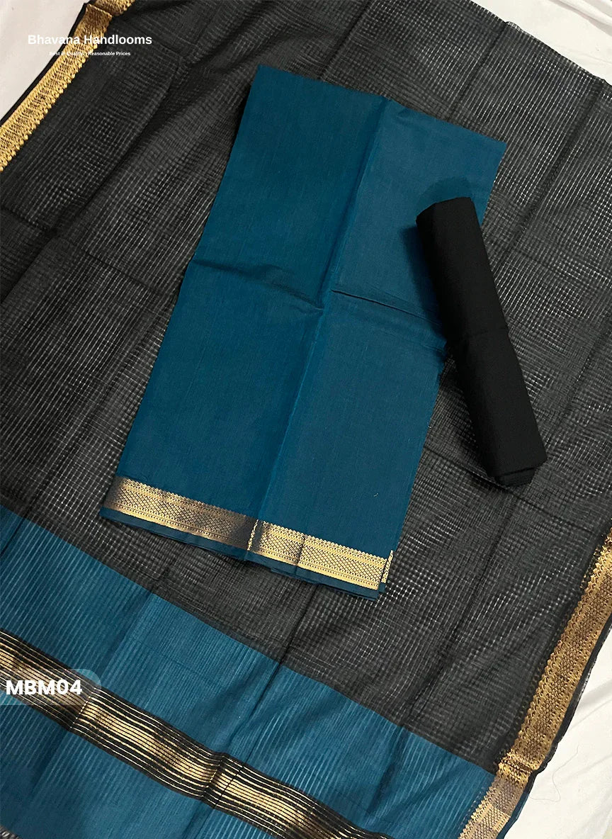 Mangalagiri Cotton Dress Material with Missing Checks Dupatta – Premium Unstitched Suit Set Peacock Blue