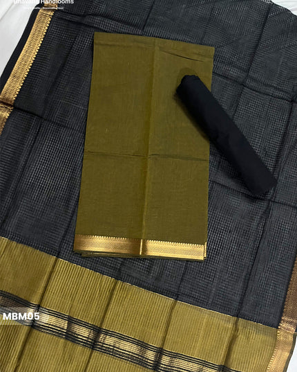 Mangalagiri Cotton Dress Material with Missing Checks Dupatta – Premium Unstitched Suit Set Dark Olive