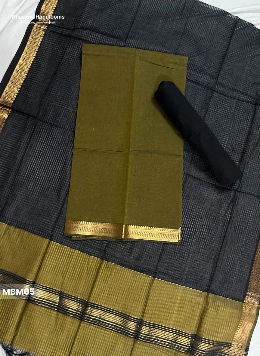 Mangalagiri Cotton Dress Material with Missing Checks Dupatta – Premium Unstitched Suit Set Dark Olive