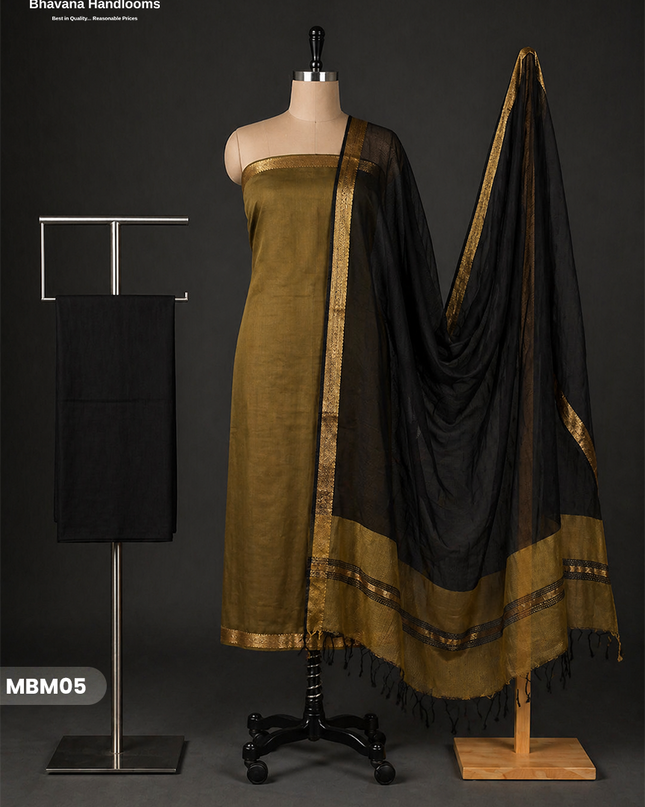 Mangalagiri Cotton Dress Material with Missing Checks Dupatta – Premium Unstitched Suit Set Dark Olive