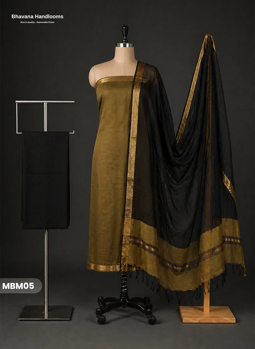 Mangalagiri Cotton Dress Material with Missing Checks Dupatta – Premium Unstitched Suit Set Dark Olive