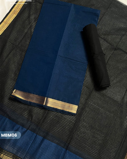 Mangalagiri Cotton Dress Material with Missing Checks Dupatta – Premium Unstitched Suit Set Deep Blue