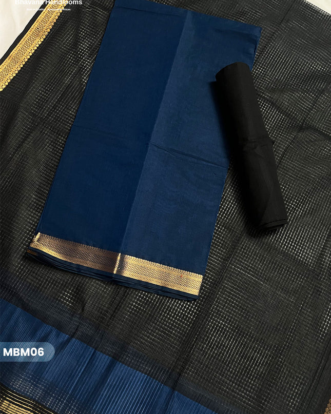 Mangalagiri Cotton Dress Material with Missing Checks Dupatta – Premium Unstitched Suit Set Deep Blue