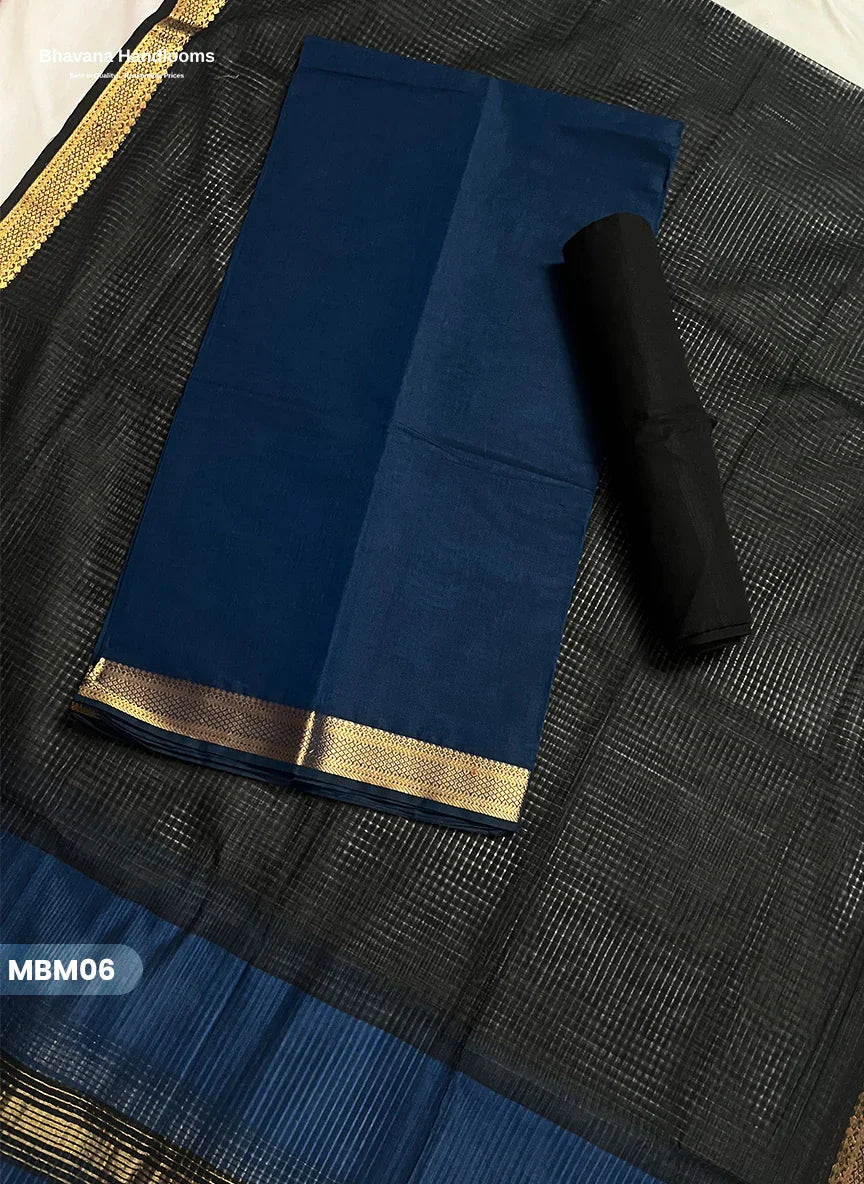 Mangalagiri Cotton Dress Material with Missing Checks Dupatta – Premium Unstitched Suit Set Deep Blue