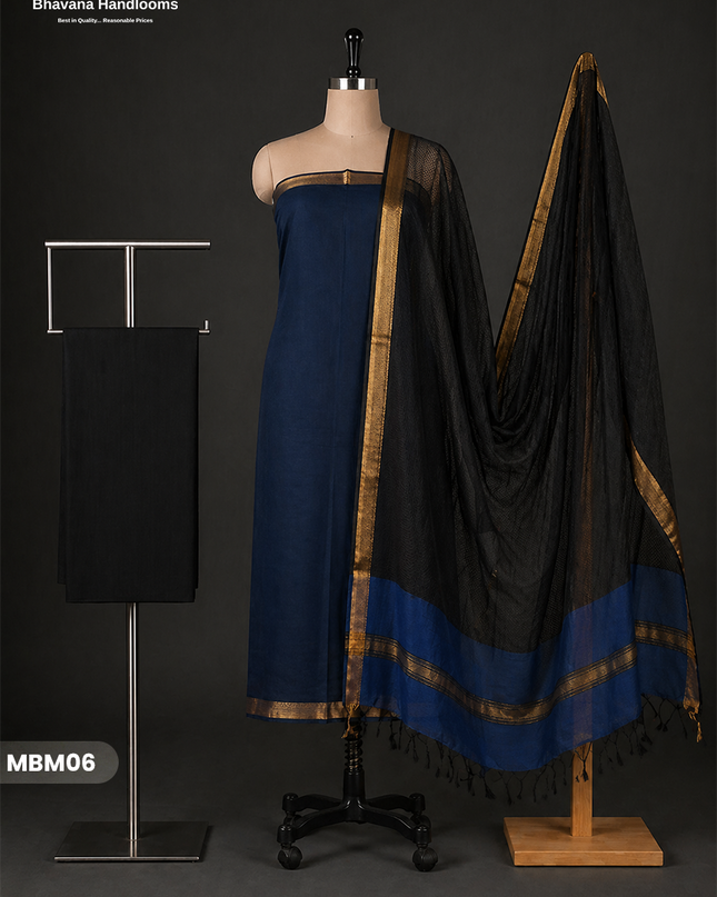 Mangalagiri Cotton Dress Material with Missing Checks Dupatta – Premium Unstitched Suit Set Deep Blue