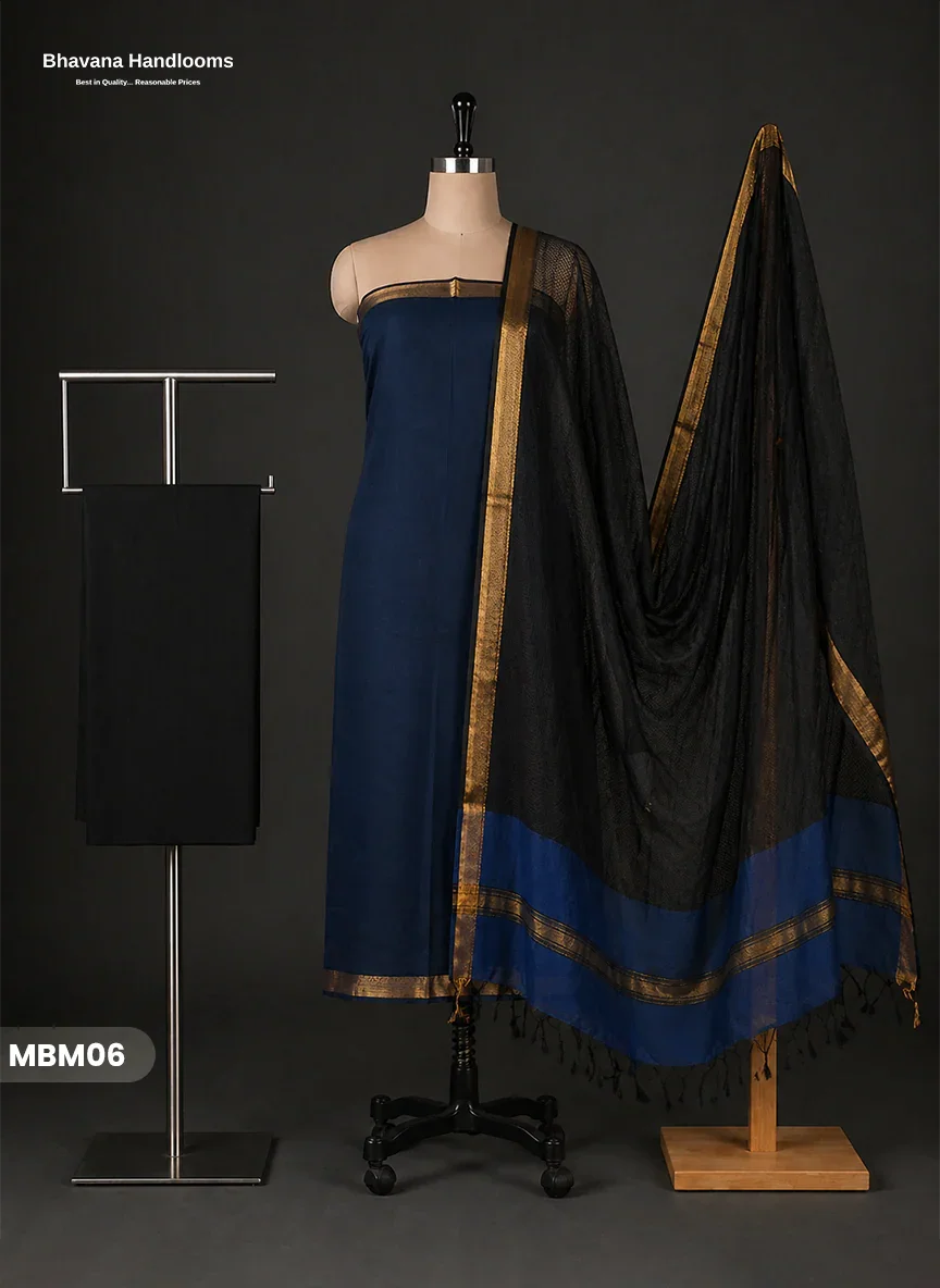 Mangalagiri Cotton Dress Material with Missing Checks Dupatta – Premium Unstitched Suit Set Deep Blue