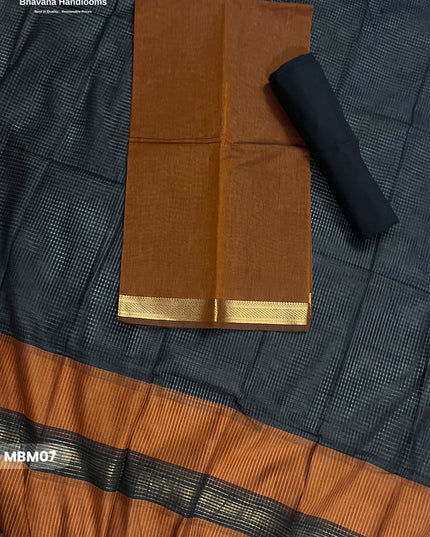Mangalagiri Cotton Dress Material with Missing Checks Dupatta – Premium Unstitched Suit Set Rust Brown