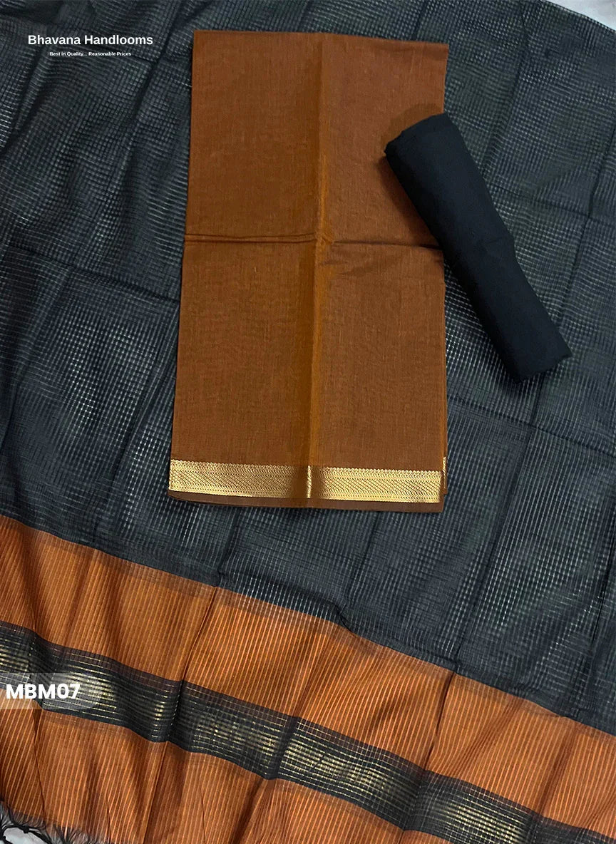 Mangalagiri Cotton Dress Material with Missing Checks Dupatta – Premium Unstitched Suit Set Rust Brown