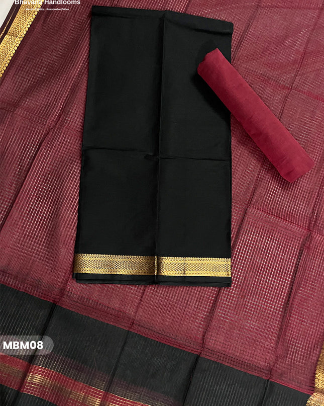 Mangalagiri Cotton Dress Material with Missing Checks Dupatta – Premium Unstitched Suit Set Deep Black