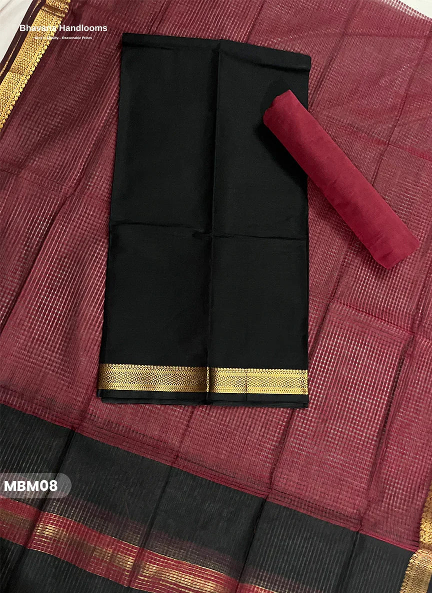 Mangalagiri Cotton Dress Material with Missing Checks Dupatta – Premium Unstitched Suit Set Deep Black