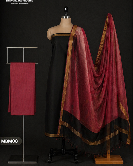 Mangalagiri Cotton Dress Material with Missing Checks Dupatta – Premium Unstitched Suit Set Deep Black
