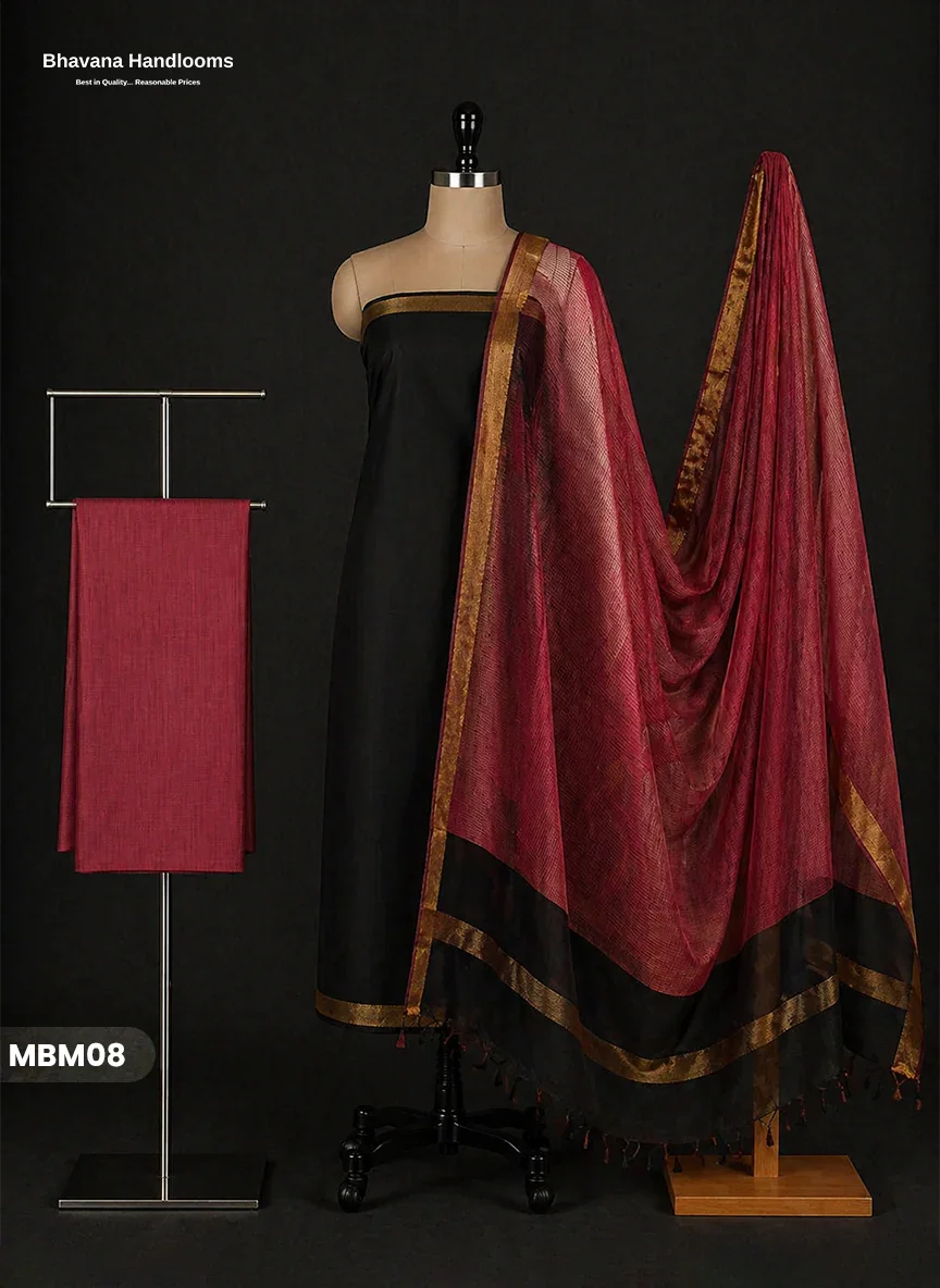 Mangalagiri Cotton Dress Material with Missing Checks Dupatta – Premium Unstitched Suit Set Deep Black