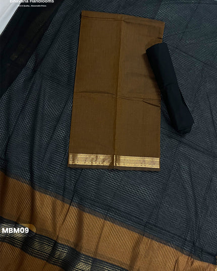 Mangalagiri Cotton Dress Material with Missing Checks Dupatta – Premium Unstitched Suit Set Coffee Brown