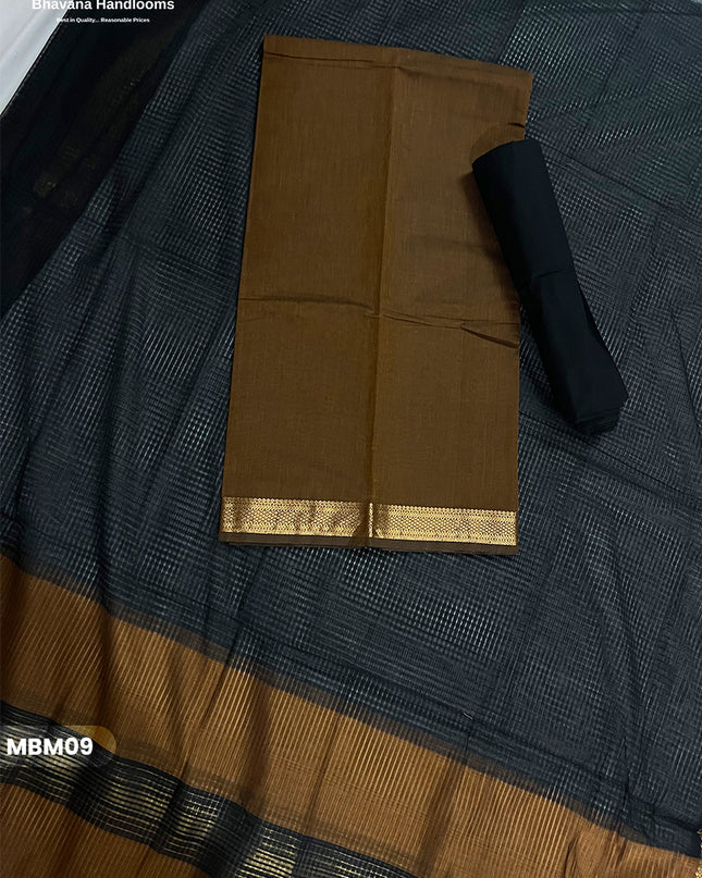 Mangalagiri Cotton Dress Material with Missing Checks Dupatta – Premium Unstitched Suit Set Coffee Brown