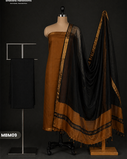 Mangalagiri Cotton Dress Material with Missing Checks Dupatta – Premium Unstitched Suit Set Coffee Brown