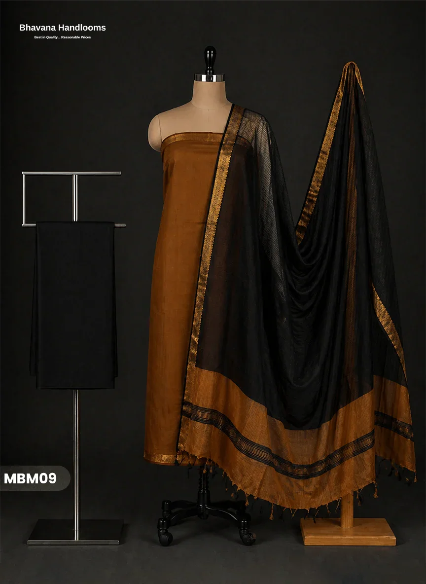 Mangalagiri Cotton Dress Material with Missing Checks Dupatta – Premium Unstitched Suit Set Coffee Brown