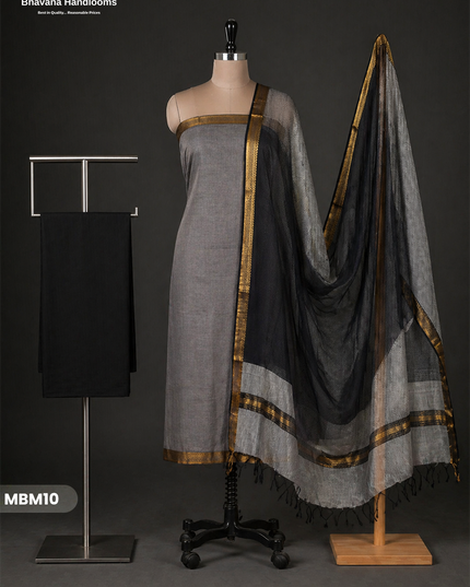 Mangalagiri Cotton Dress Material with Missing Checks Dupatta – Premium Unstitched Suit Set Gray Colour