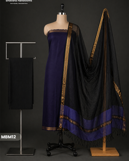 Mangalagiri Cotton Dress Material with Missing Checks Dupatta – Premium Unstitched Suit Set Deep Indigo Blue