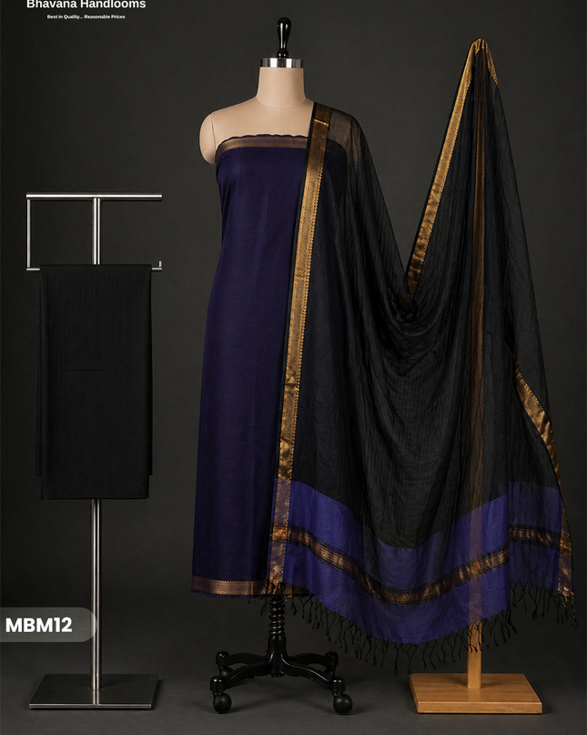Mangalagiri Cotton Dress Material with Missing Checks Dupatta – Premium Unstitched Suit Set Deep Indigo Blue