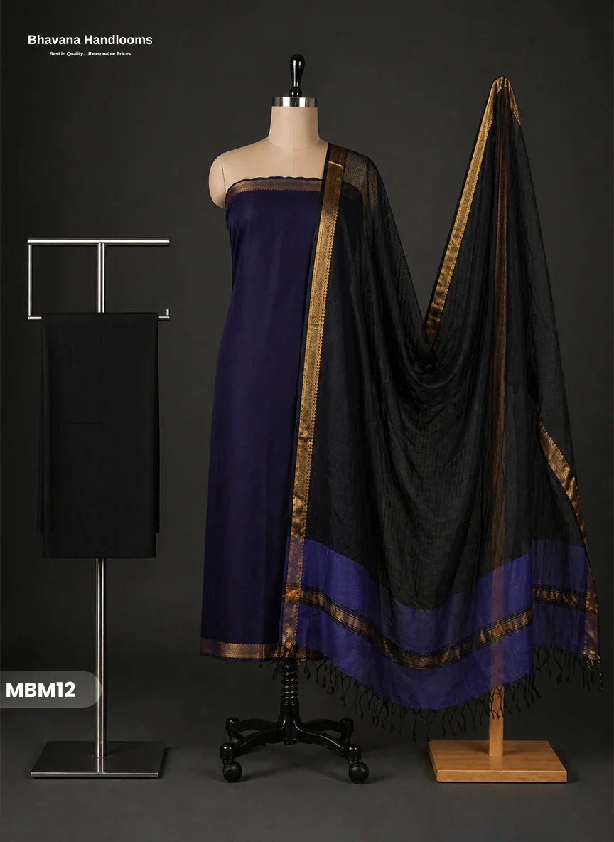 Mangalagiri Cotton Dress Material with Missing Checks Dupatta – Premium Unstitched Suit Set Deep Indigo Blue