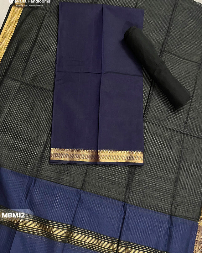 Mangalagiri Cotton Dress Material with Missing Checks Dupatta – Premium Unstitched Suit Set Deep Indigo Blue