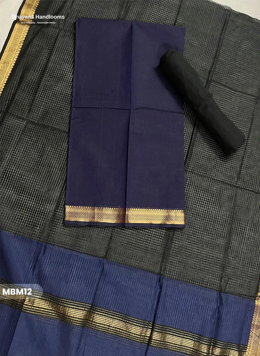 Mangalagiri Cotton Dress Material with Missing Checks Dupatta – Premium Unstitched Suit Set Deep Indigo Blue
