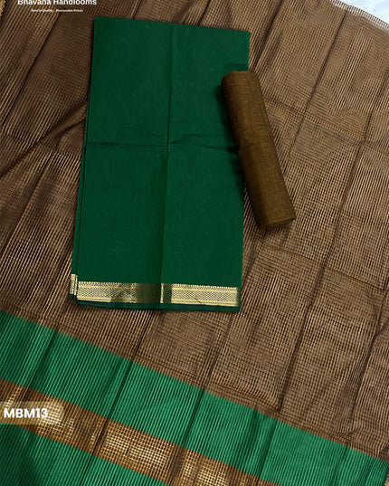 Mangalagiri Cotton Dress Material with Missing Checks Dupatta – Premium Unstitched Suit Set Dark Green