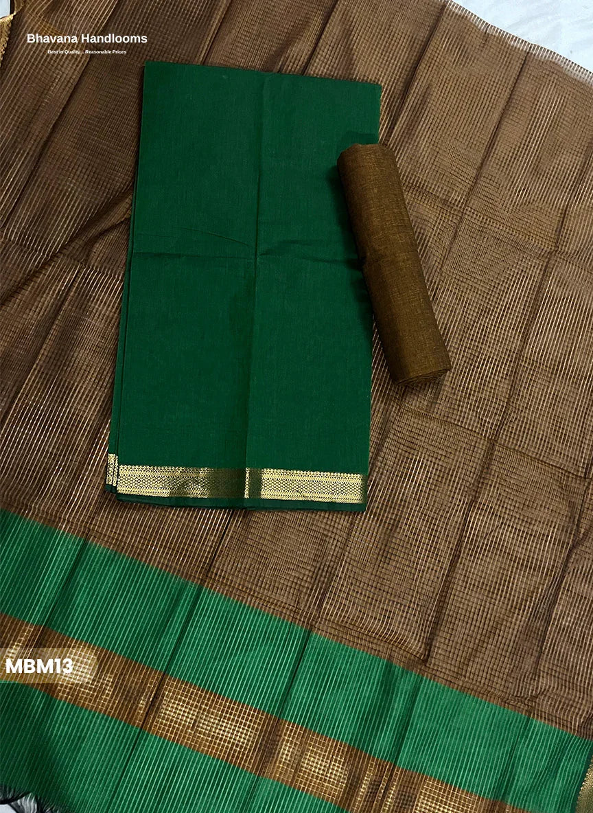 Mangalagiri Cotton Dress Material with Missing Checks Dupatta – Premium Unstitched Suit Set Dark Green