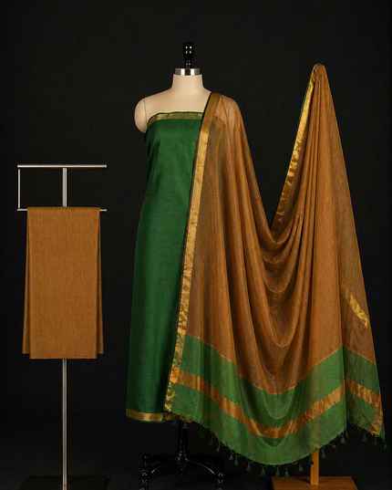 Mangalagiri Cotton Dress Material with Missing Checks Dupatta – Premium Unstitched Suit Set Dark Green