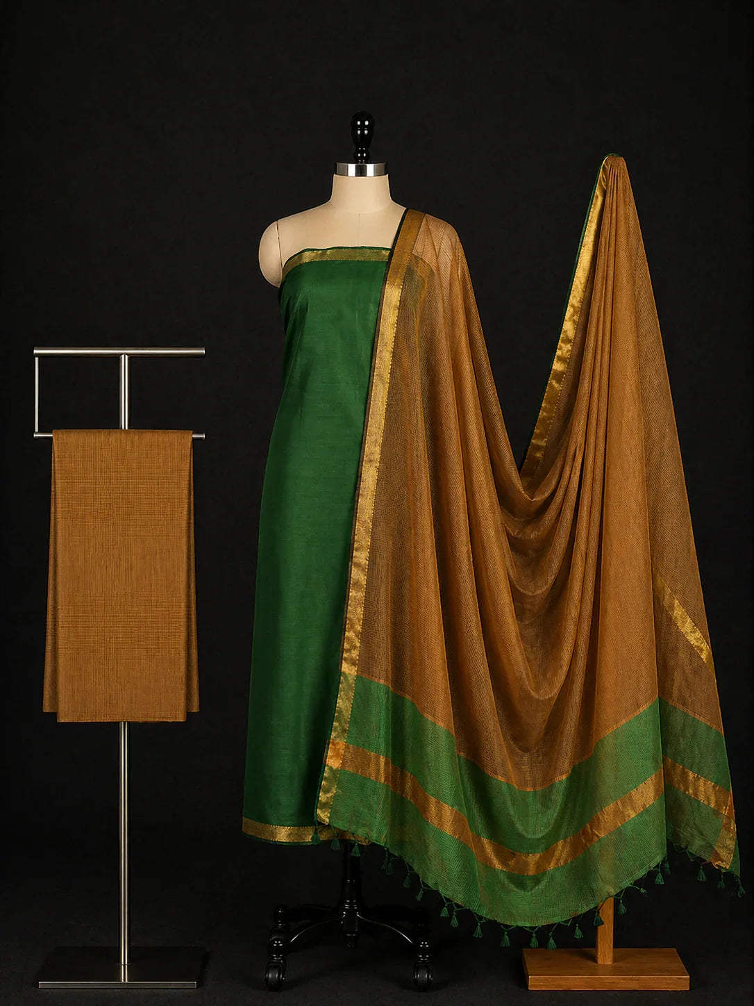 Mangalagiri Cotton Dress Material with Missing Checks Dupatta – Premium Unstitched Suit Set Dark Green