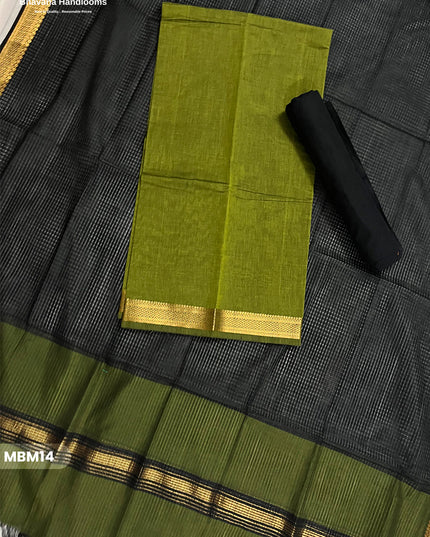 Mangalagiri Cotton Dress Material with Missing Checks Dupatta – Premium Unstitched Suit Set olive green
