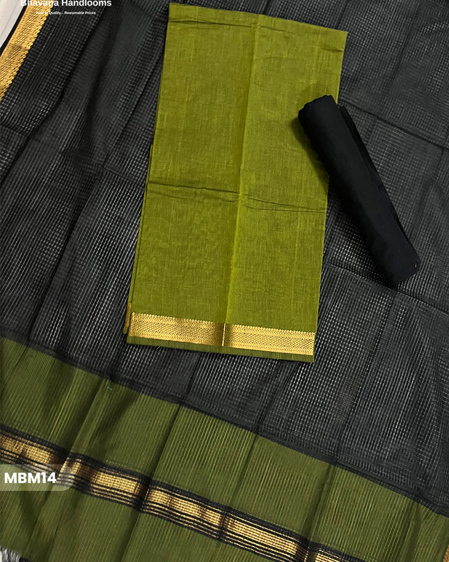 Mangalagiri Cotton Dress Material with Missing Checks Dupatta – Premium Unstitched Suit Set olive green