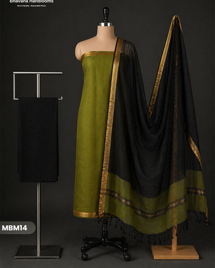 Mangalagiri Cotton Dress Material with Missing Checks Dupatta – Premium Unstitched Suit Set olive green