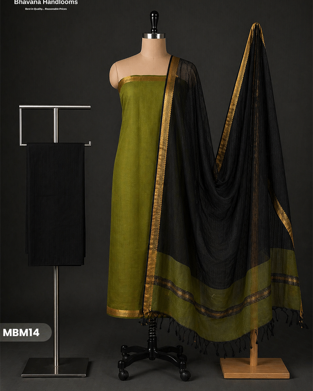 Mangalagiri Cotton Dress Material with Missing Checks Dupatta – Premium Unstitched Suit Set olive green