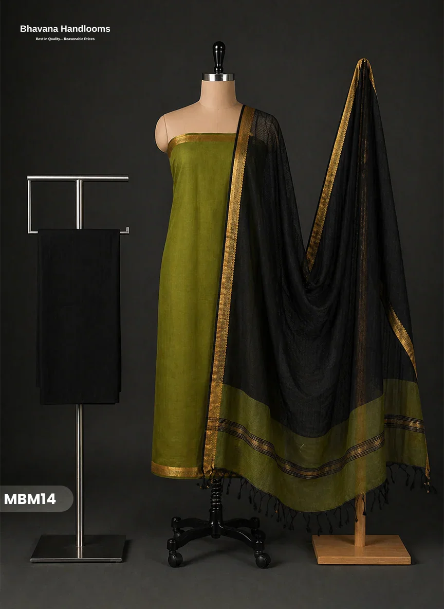 Mangalagiri Cotton Dress Material with Missing Checks Dupatta – Premium Unstitched Suit Set olive green