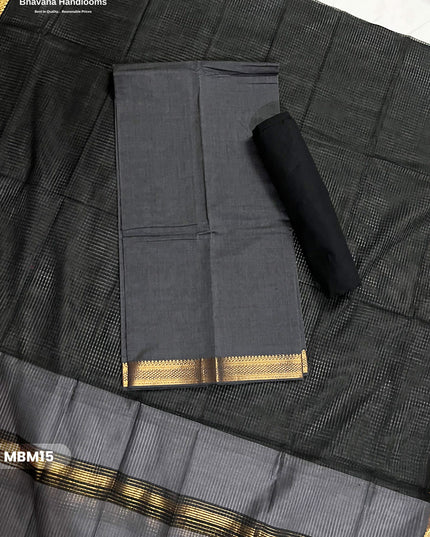 Mangalagiri Cotton Dress Material with Missing Checks Dupatta – Premium Unstitched Suit Set Slate Grey