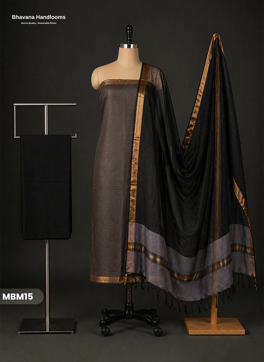 Mangalagiri Cotton Dress Material with Missing Checks Dupatta – Premium Unstitched Suit Set Slate Grey