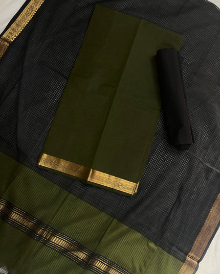 Mangalagiri Cotton Dress Material with Missing Checks Dupatta – Premium Unstitched Suit Set Olive Green