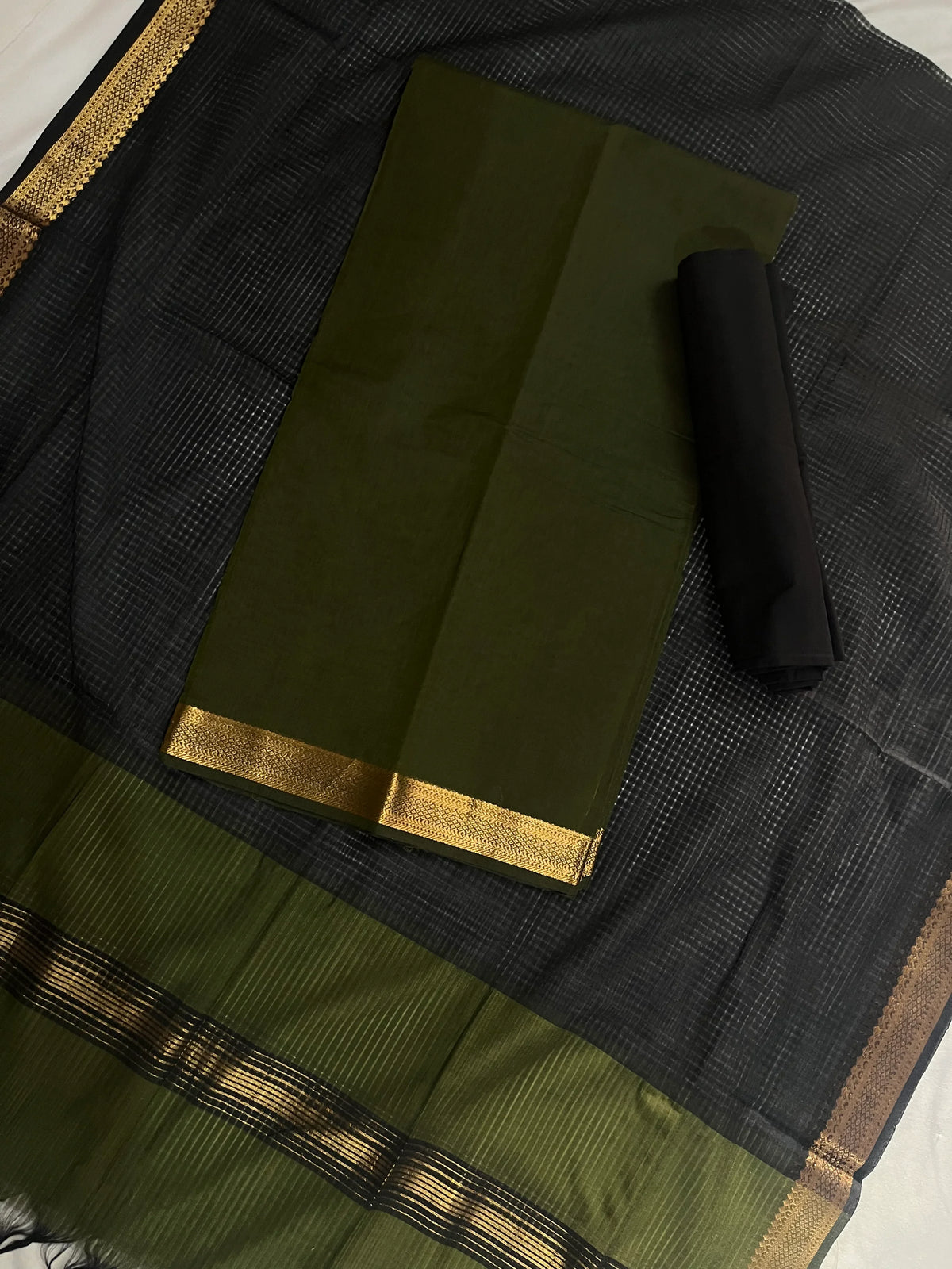 Mangalagiri Cotton Dress Material with Missing Checks Dupatta – Premium Unstitched Suit Set Olive Green