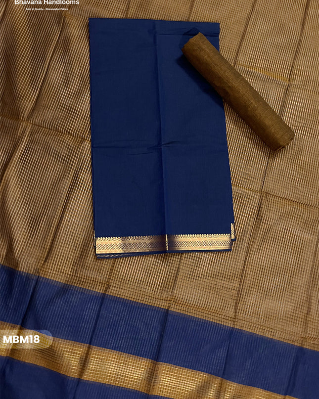 Mangalagiri Cotton Dress Material with Missing Checks Dupatta – Premium Unstitched Suit Set Deep Royal Blue