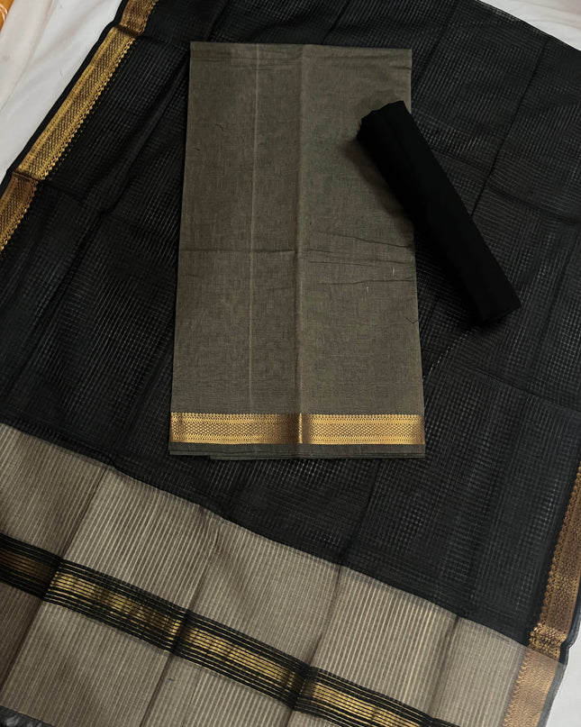 Mangalagiri Cotton Dress Material with Missing Checks Dupatta – Premium Unstitched Suit Set Gray colour