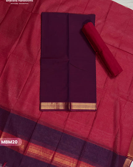 Mangalagiri Cotton Dress Material with Missing Checks Dupatta – Premium Unstitched Suit Set Deep Plum